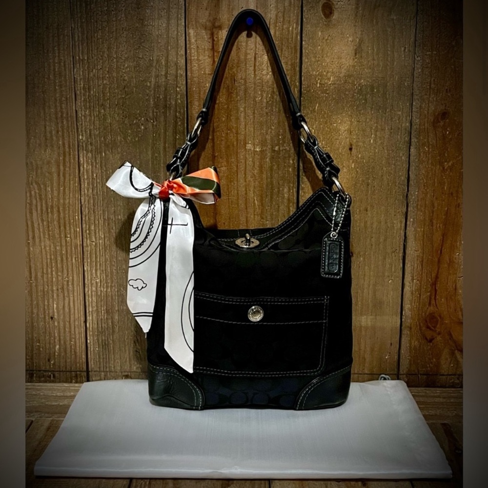Vintage Coach Black Signature Stitched Hobo Bag with Twilly & Dust Bag.